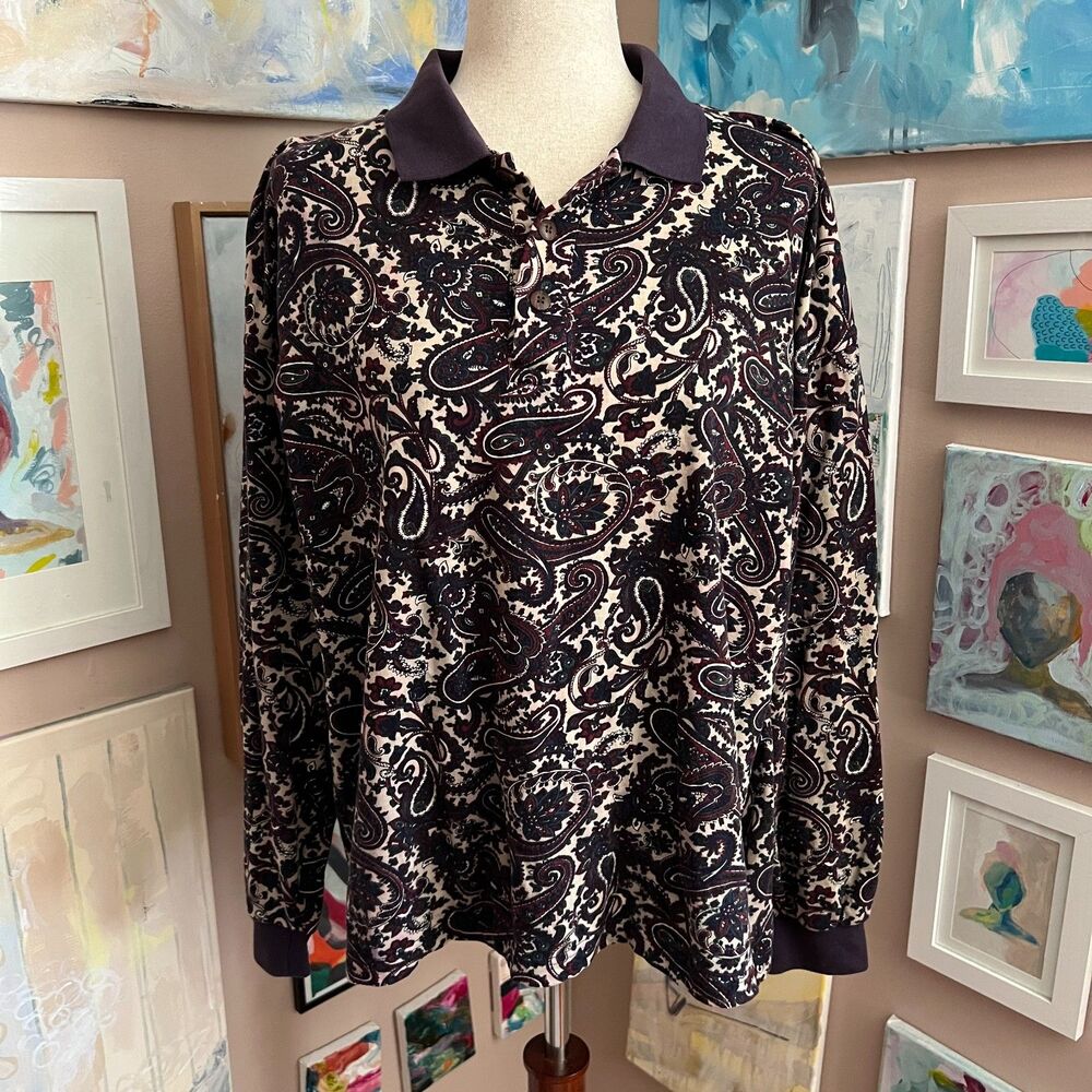 Vintage Natural Issue Paisley Print Polo Long Sleeve Shirt 90s Top‎ Mens Size M